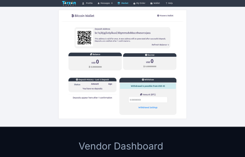 Third-party Torzon Market account view: Bitcoin wallet panel. This directory has no cashier and does not process deposits.