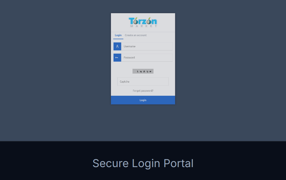 Third-party Torzon Market login card with a rectangular alphanumeric CAPTCHA. This directory has no accounts.