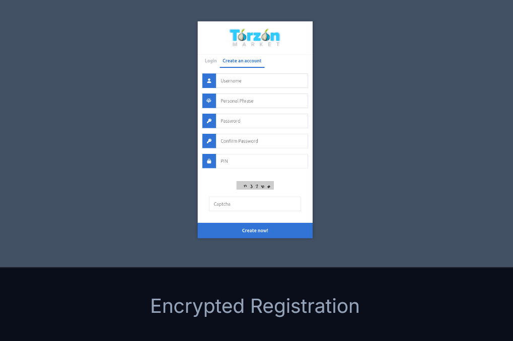 Third-party Torzon Market registration card with a rectangular alphanumeric CAPTCHA. This directory does not create accounts.